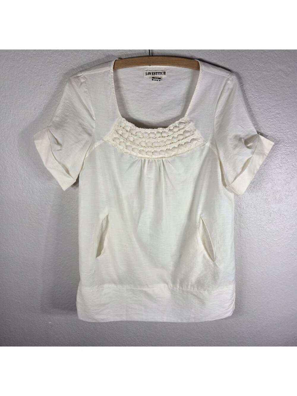 Lovestitch Ivory Cuffed Short Sleeve Top Blouse Size S Gathered Square Neck